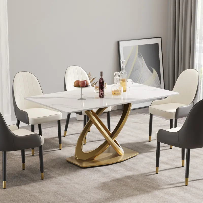 63\" Modern Artificial Stone Panel Double-Ring Stainless Steel Metal Legs, Can Accommodate 6-8 Peopl