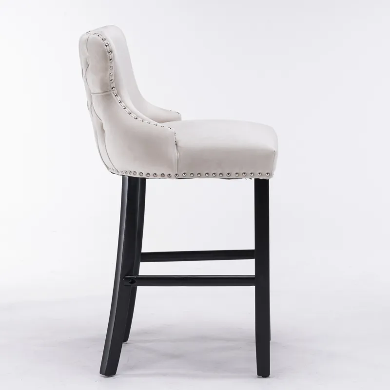 Contemporary Velvet Upholstered Wing-Back Barstools With Button Tufted Decoration And Wooden Legs, A