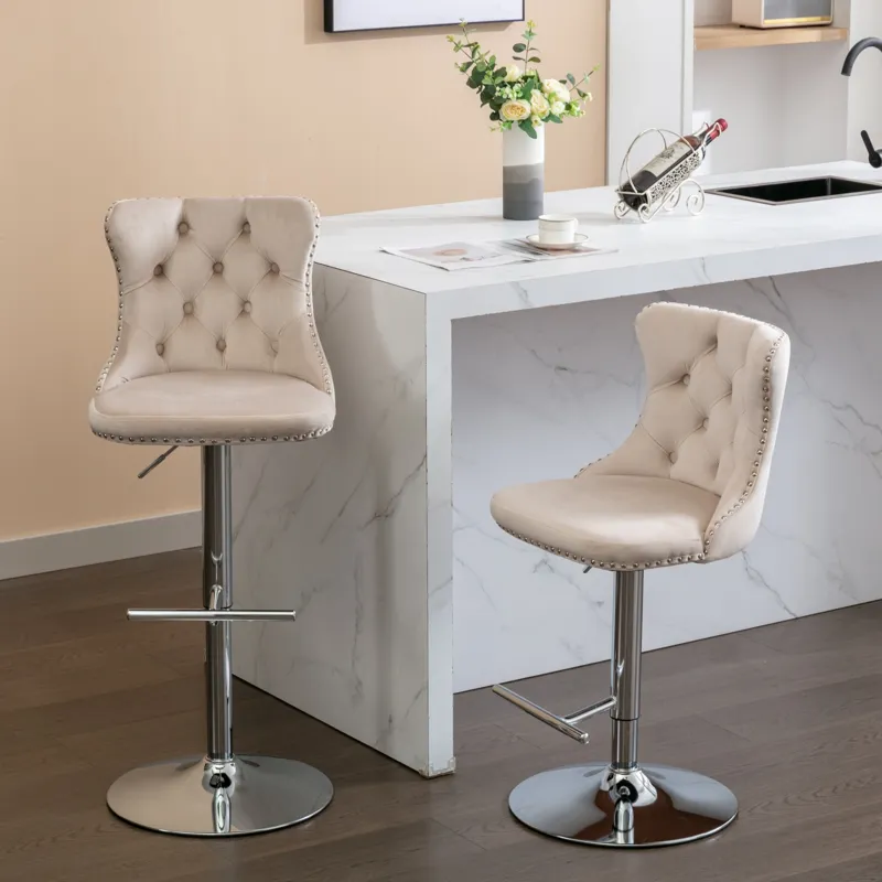 Swivel Velvet Barstools Adjusatble Seat Height From 25-33\", Modern Upholstered Chrome Base Bar Stoo