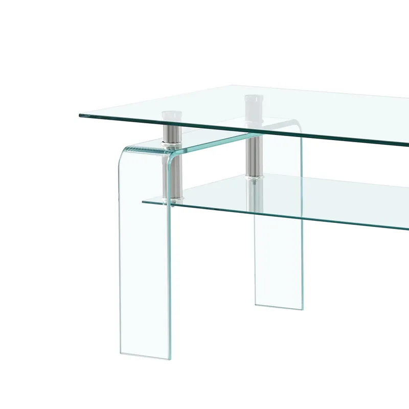 Rectangle Clear Glass Coffee Table, Modern Glass Coffee Table For Living Room, 2 Tier Storage Center