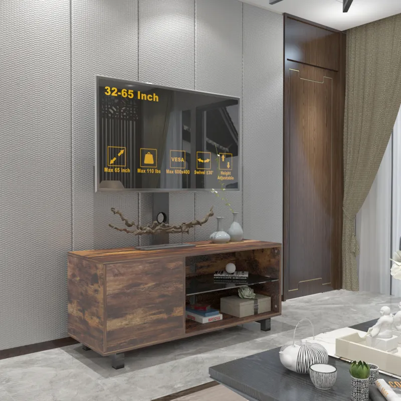 Rustic Brown TV Console With Push-To-Open Storage Cabinet For TV, Wood & Glass TV Stand For Living R