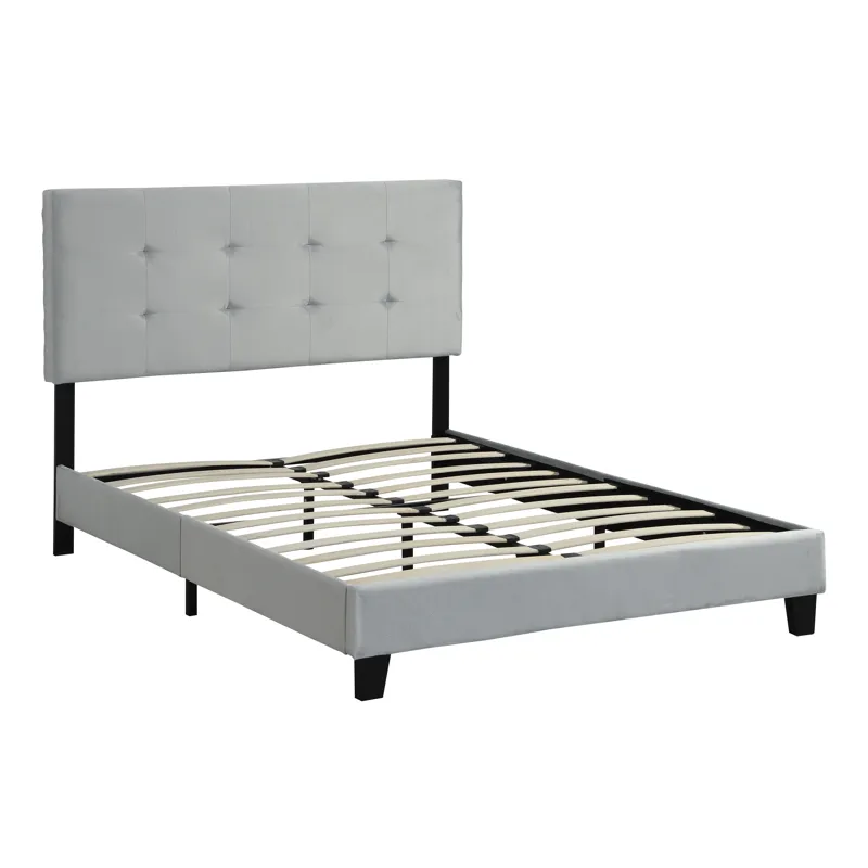 Queen Size Upholstered Platform Bed Frame With Pull Point Tufted Headboard, Strong Slat Support, Mat