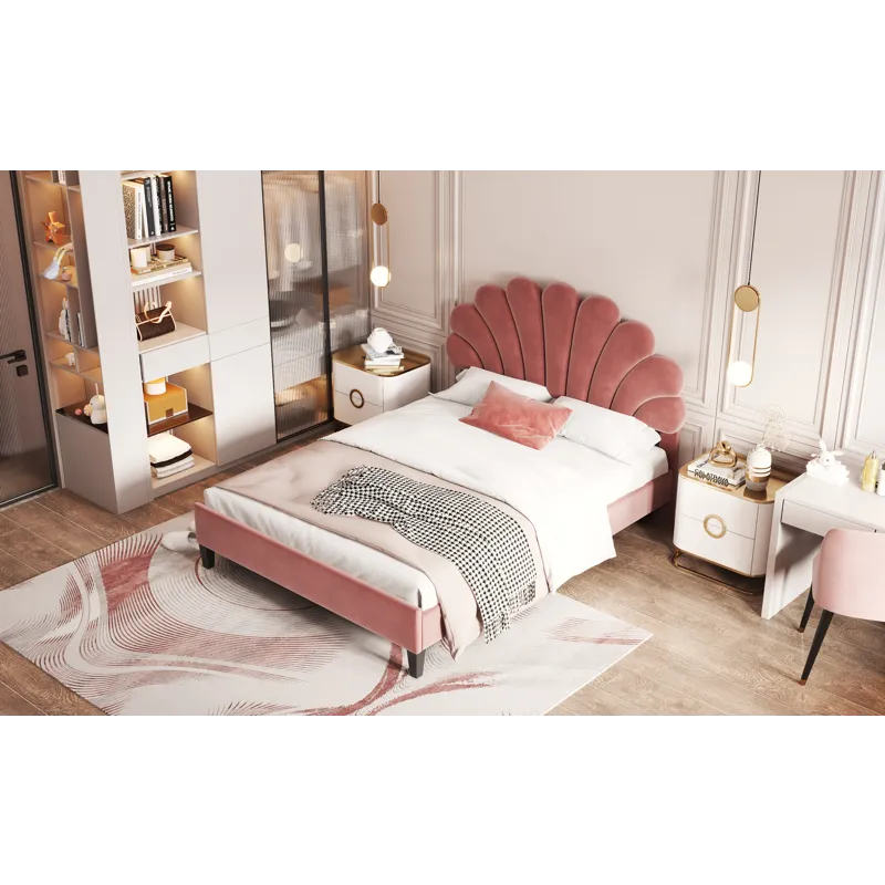 Full Size Upholstered Platform Bed With Flower Pattern Velvet Headboard - Bean Paste Red