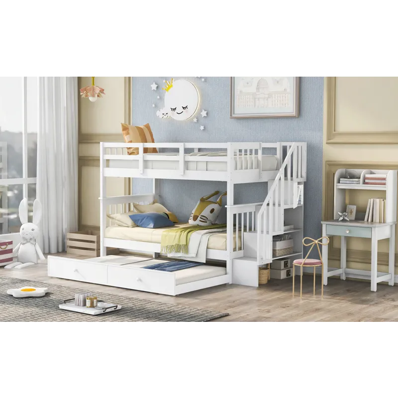 Stairway Twin Over Twin Bunk Bed With Twin Size Trundle For Bedroom, Dorm, Adults - White