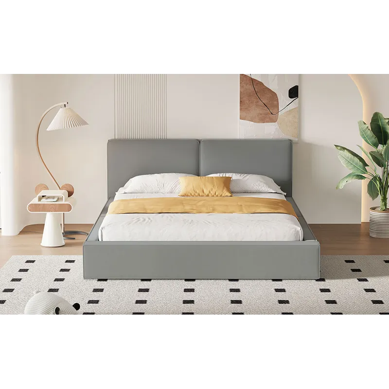 Queen Size Upholstered Platform Bed With , Grounded Bed With Solid Frame - Gray
