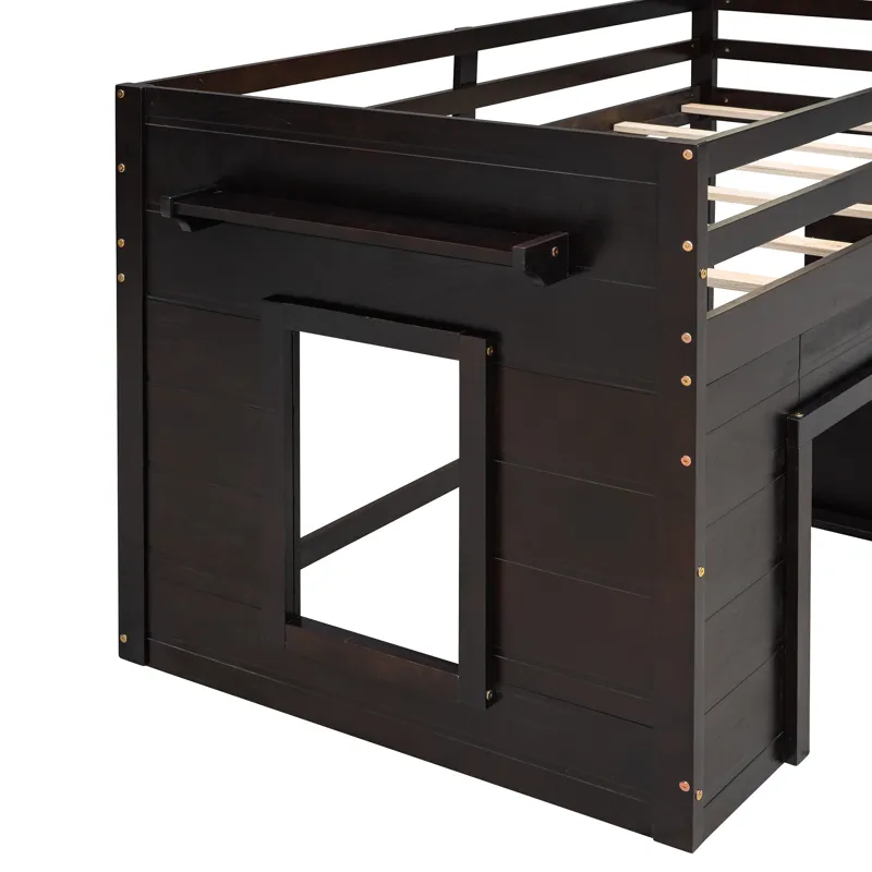 Twin Size Loft Bed With Cabinet And Shelf - Espresso