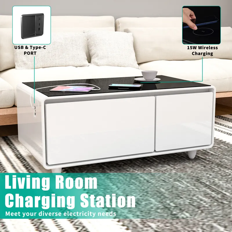 Modern Smart Coffee Table With Built-In Fridge, Bluetooth Speaker, Wireless Charging, Touch Control 