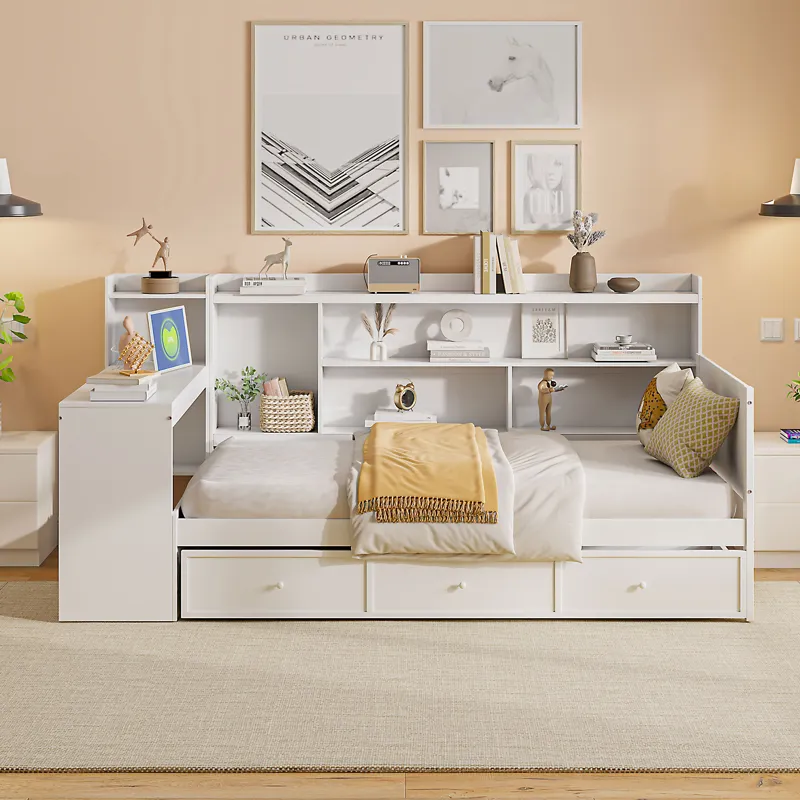 Twin Size Wooden Daybed With 3 Drawers, USB Ports And Desk - White