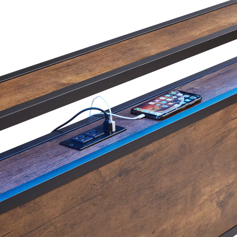 Queen Size Metal Platform Bed Frame With Wooden Headboard And Footboard With USB Liner, LED Lights, 