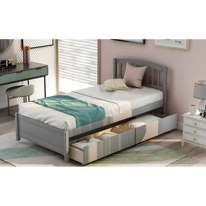 Twin Platform Storage Bed Wood Bed Frame With Two Drawers And Headboard - Gray