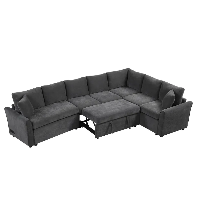 L-Shaped Sofa Convertible Sofa Bed Pull Out Sofa Sleeper With Two Back Pillows, Two USB Ports And Tw