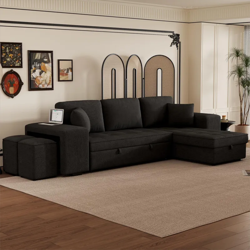 Modern L-Shape 3 Seat Reversible Sectional Couch, Pull Out Sleeper Sofa With Storage Chaise And 2 St