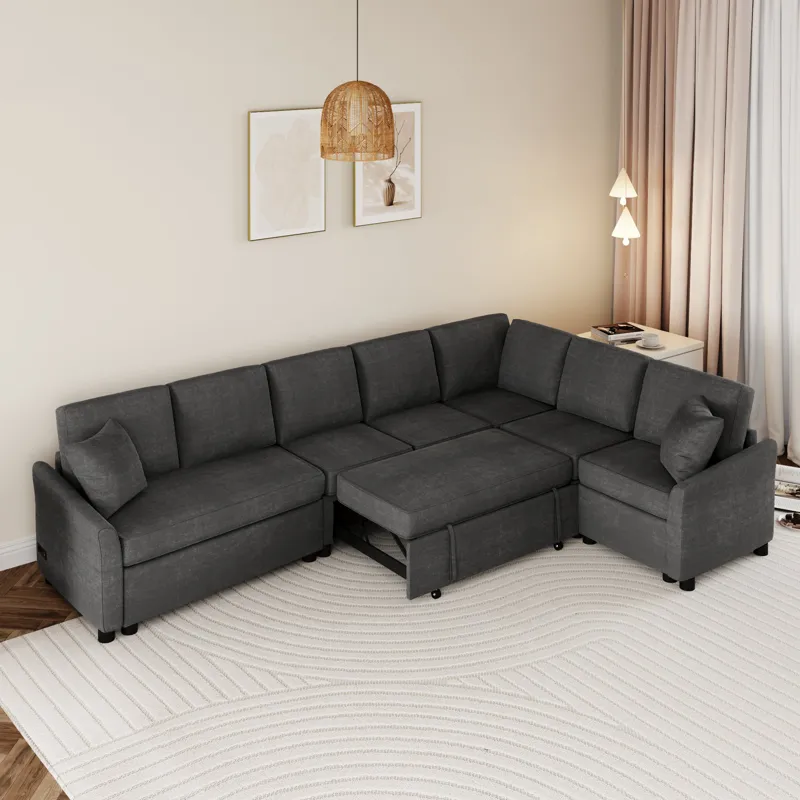 L-Shaped Sofa Convertible Sofa Bed Pull Out Sofa Sleeper With Two Back Pillows, Two USB Ports And Tw