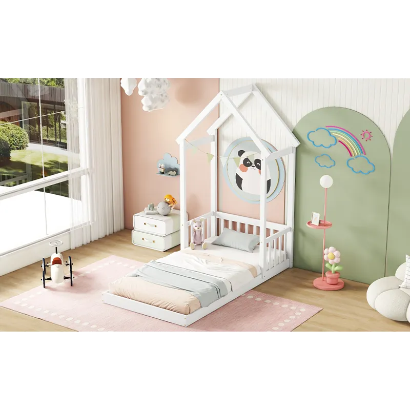 Twin House-Shaped Roof Headboard Floor Bed, (Without Slats) - White