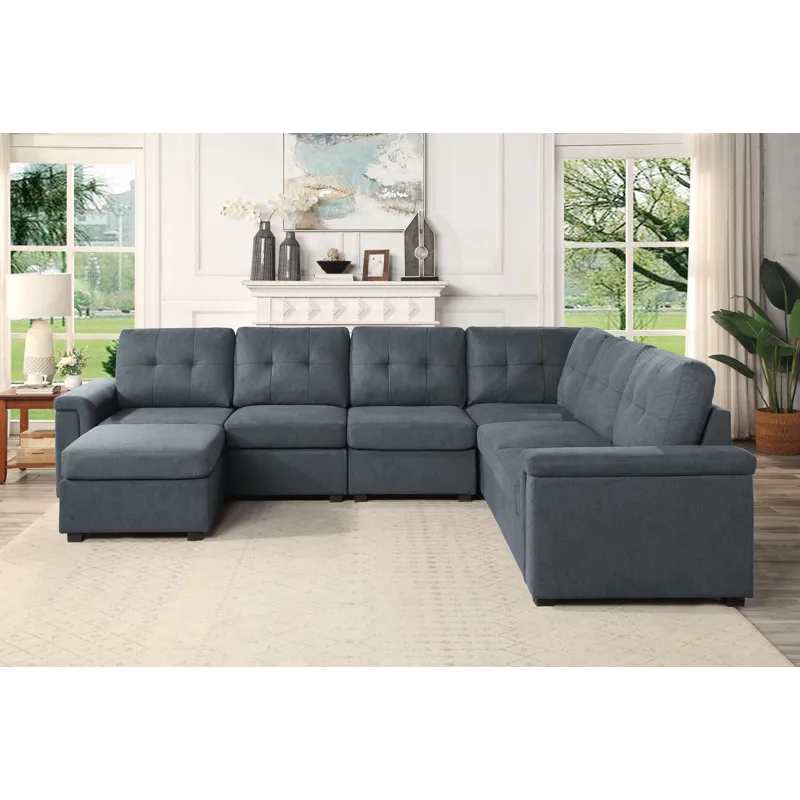 Isla - Woven Fabric 7-Seater Sectional Sofa With Ottoman - Gray