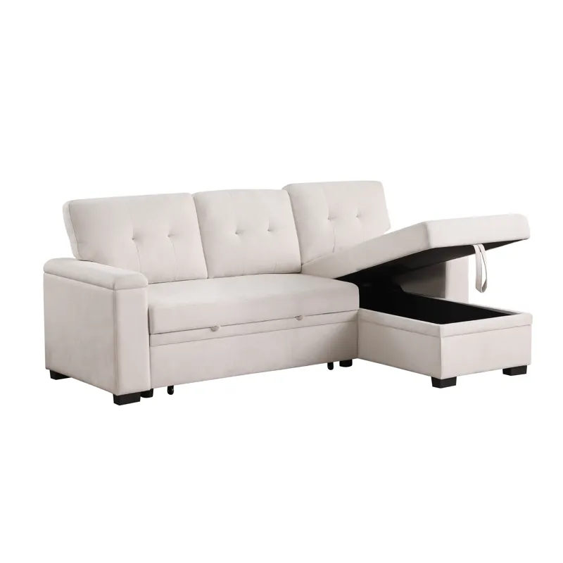 Lucca II  - 84.5\"W Beige Woven Fabric Reversible Sleeper Sectional Sofa With Storage Chaise and Poc