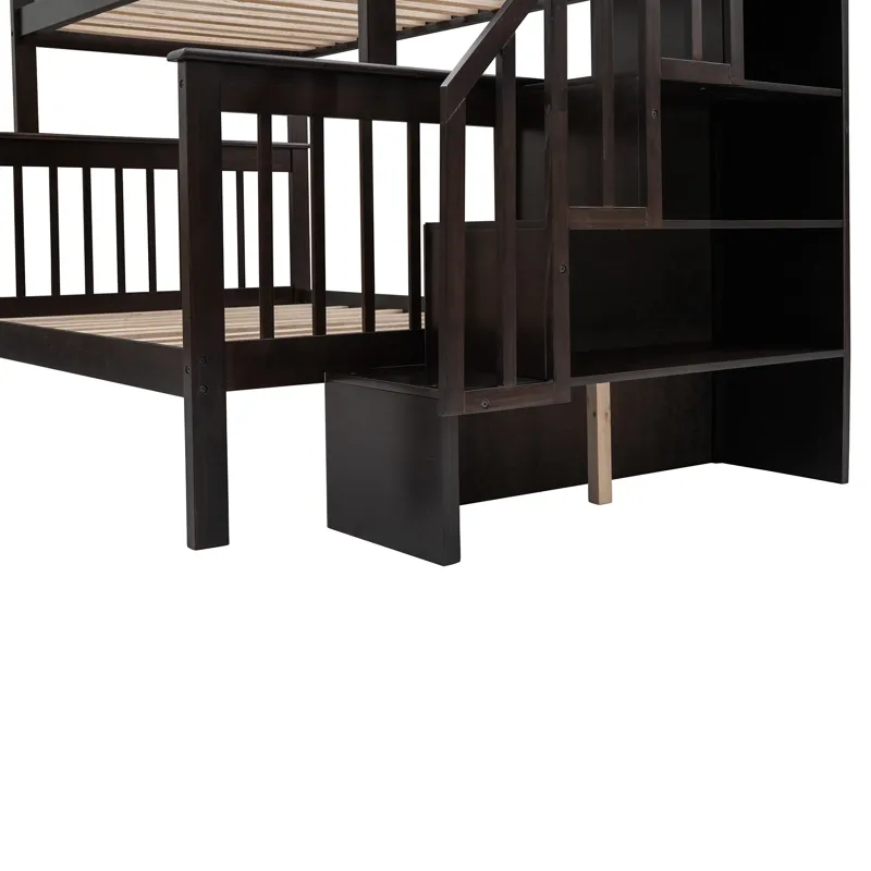 Twin Over Full Stairway Bunk Bed With Drawer, Storage And Guard Rail For Bedroom, Dorm, For Adults -