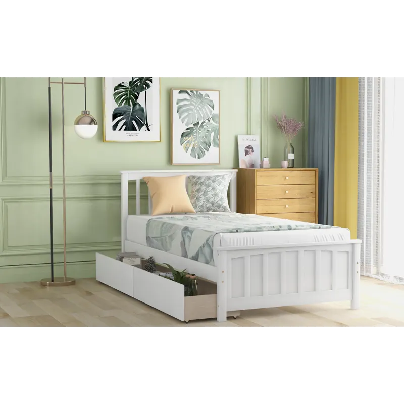 Twin Size Platform Bed With Two Drawers - White