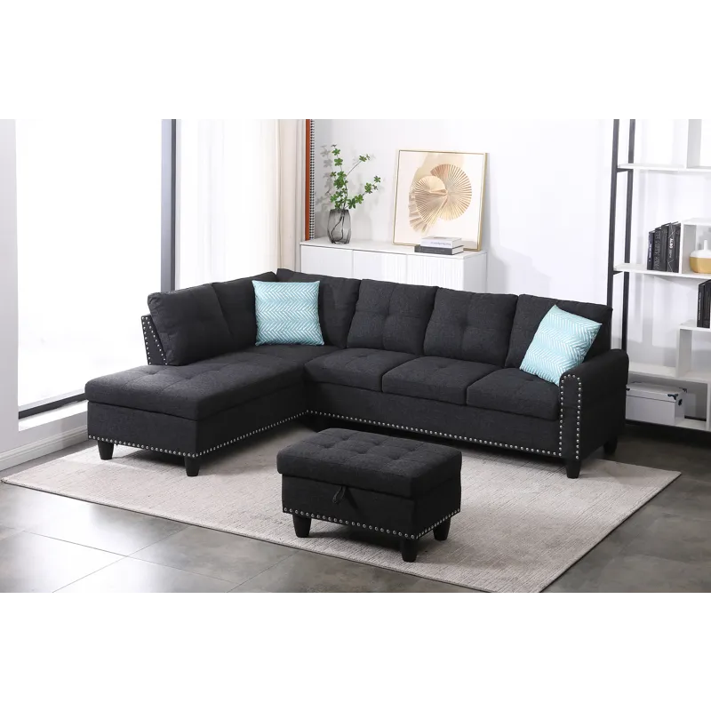Alger - 98" Wide Left Hand Facing Sofa & Chaise With Ottoman - Charcoal Grey