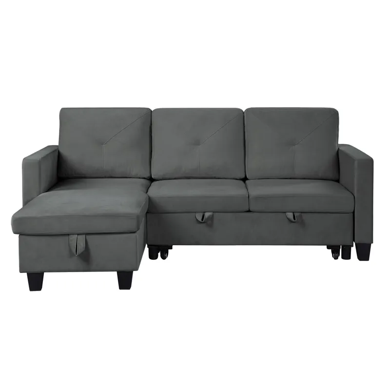 Nova - Velvet Reversible Sleeper Sectional Sofa With Storage Chaise - Dark Gray
