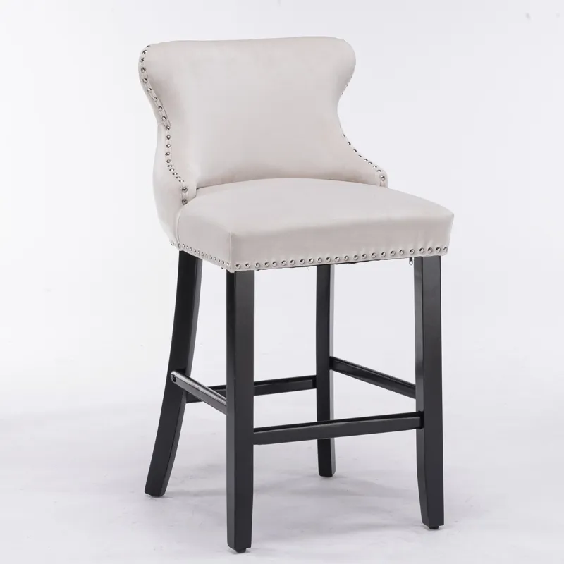 Contemporary Velvet Upholstered Wing-Back Barstools With Button Tufted Decoration And Wooden Legs, A
