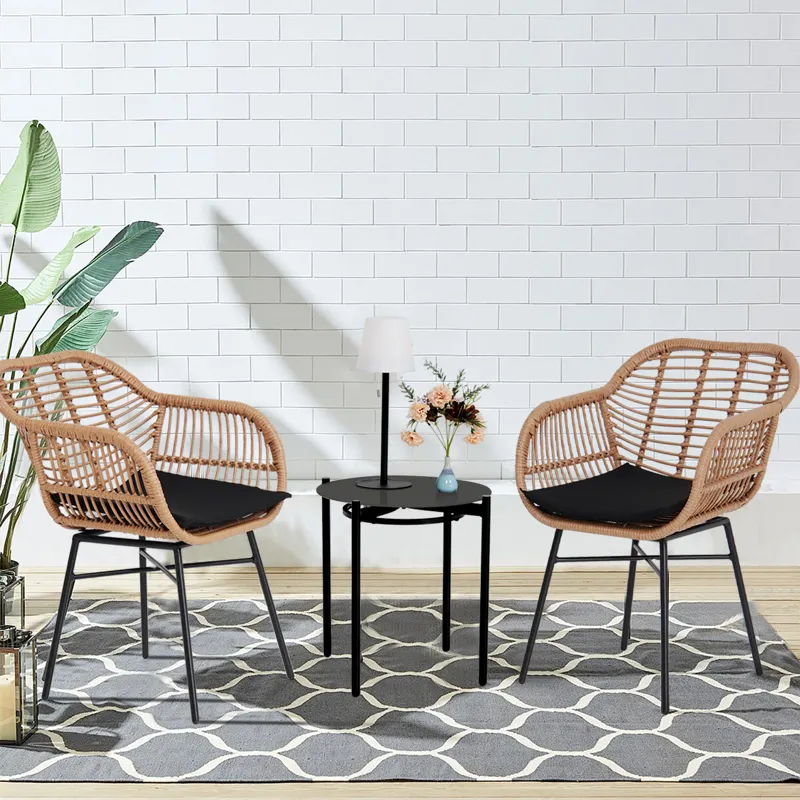 3 Pieces Of Luxury Outdoor Wicker Furniture, Patio Bistro Style Table And Chair Combination, Weather