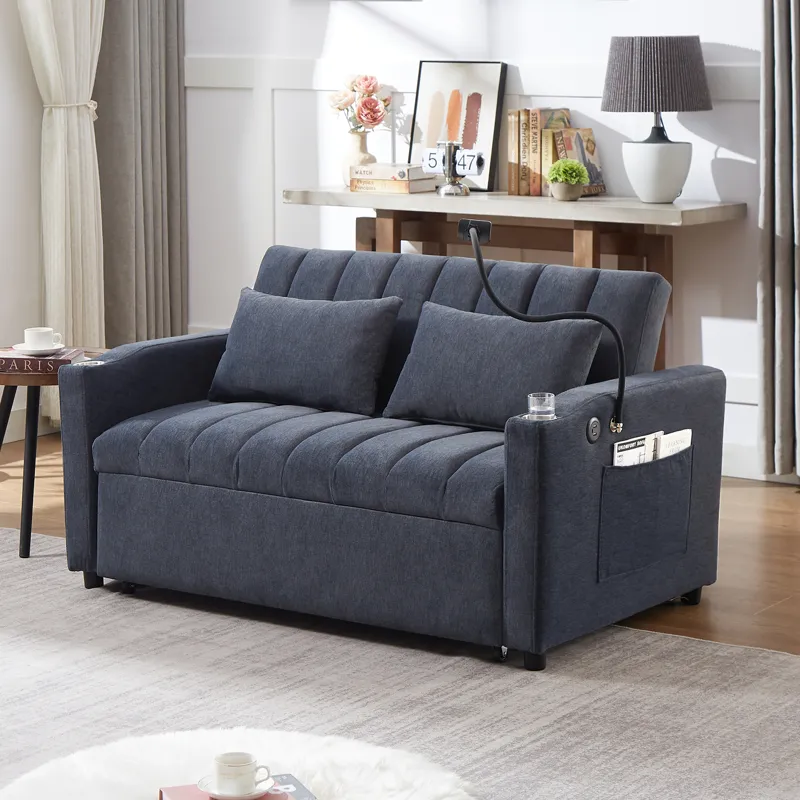 Convertible Sofa Bed Loveseat Sofa With Three USB Ports, Two Side Pockets, Two Cup Holders And 360° 