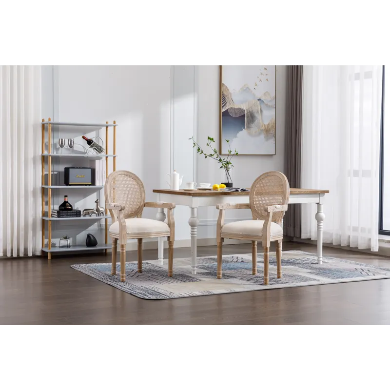 French Vintage Upholstered Fabric Dining Armchair (Set of 2) - Beige