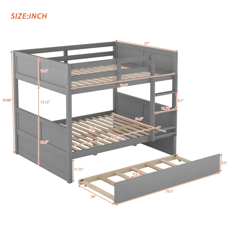 Full Over Full Bunk Bed With Twin Size Trundle - Gray