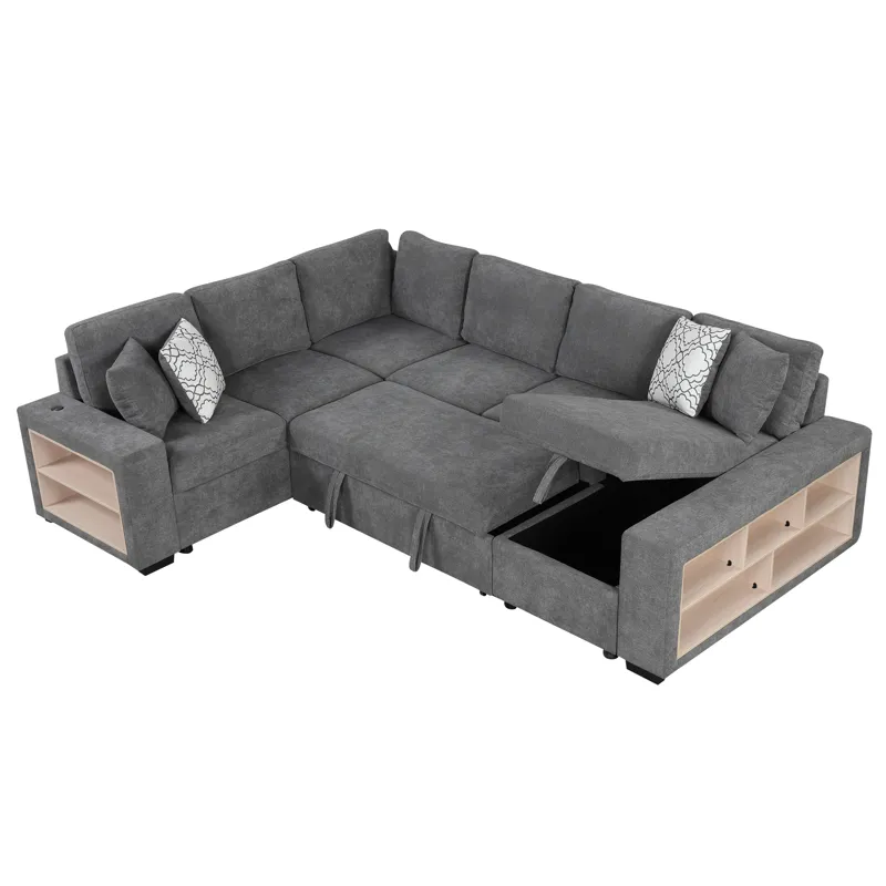 U-Shaped Sectional Sofa Pull-Out Sofa Bed With Two USB Ports, A Storage Chaise Lounge And Four Back 