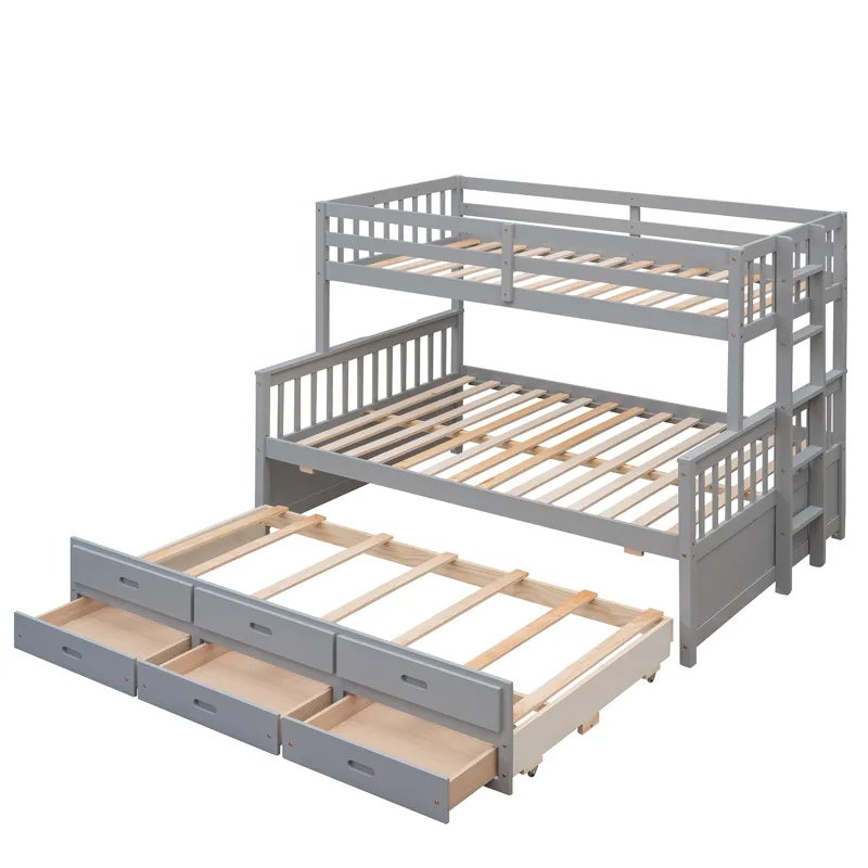 Twin Over Full Bunk Bed With Twin Size Trundle, Separable Bunk Bed With Drawers For Bedroom - Gray