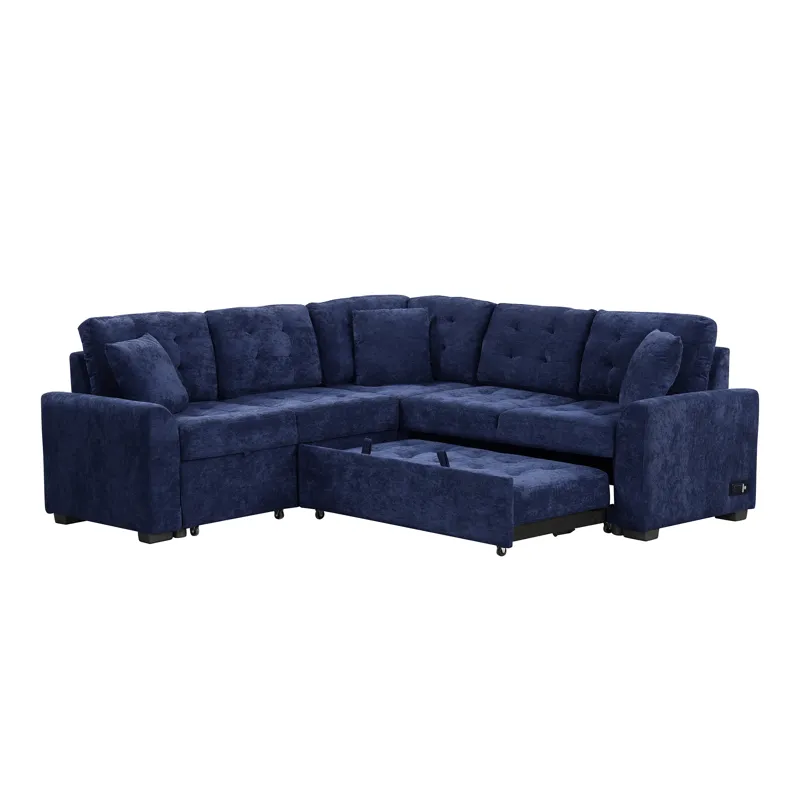 L-Shape Sofa Bed Pull-Out Sleeper Sofa With Wheels, USB Ports, Power Sockets For Living Room - Navy 
