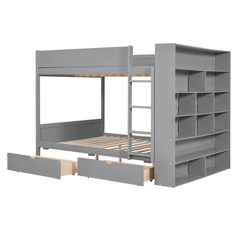 Full Over Full Bunk Bed With 2 Drawers And Multi - Layer Cabinet - Gray