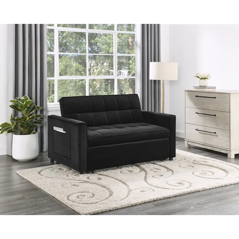 Maeve - 53.5\"W Black Velvet Convertible Sleeper Loveseat With Tufting and Side Pocket