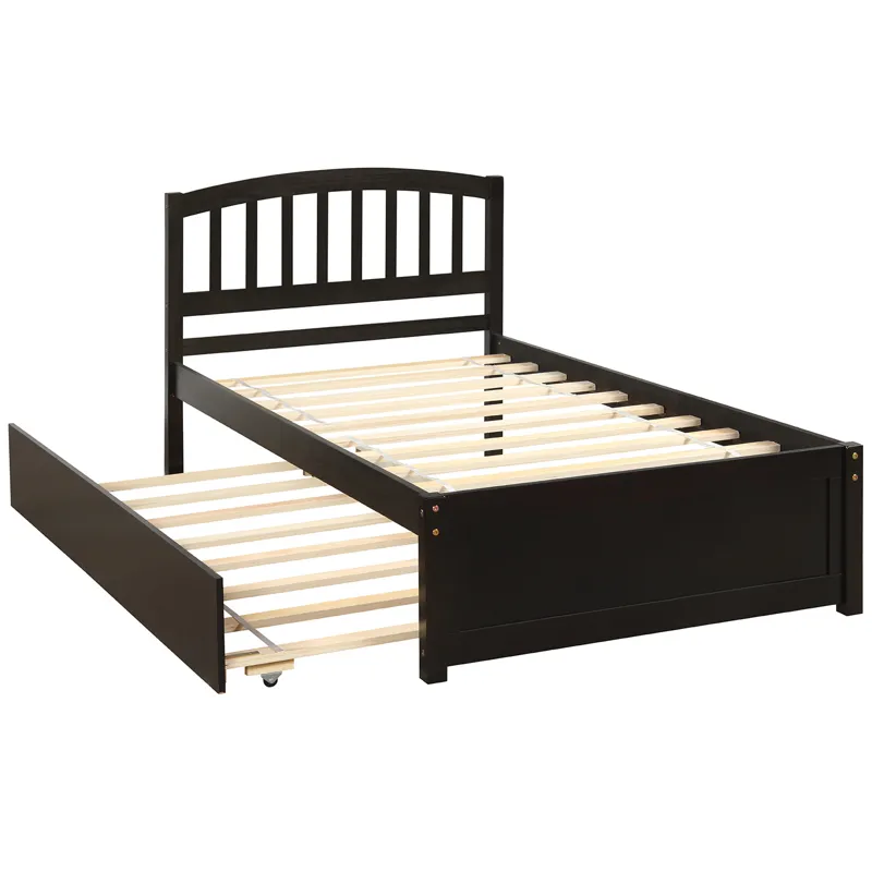 Twin Size Platform Bed Wood Bed Frame With Trundle - Espresso