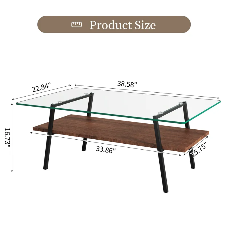 Rectangle Coffee Table, Tempered Glass Tabletop With Metal Legs, Modern Table For Living Room, Trans