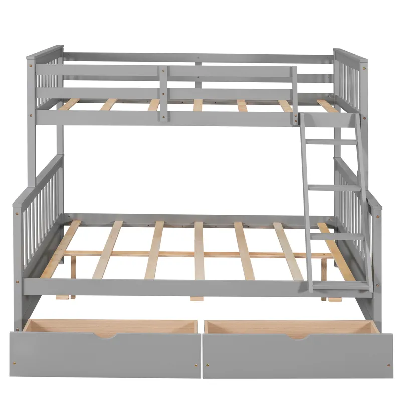 Twin Over Full Bunk Bed With Ladders And Two Storage Drawers - Gray