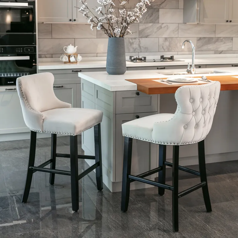 Contemporary Velvet Upholstered Wing-Back Barstools With Button Tufted Decoration And Wooden Legs, A