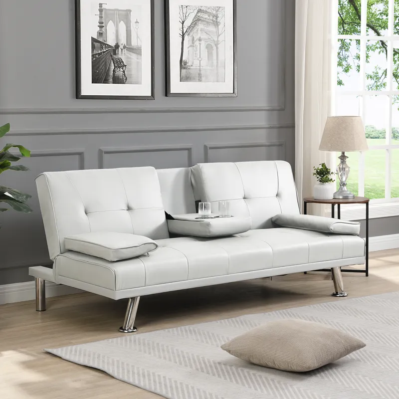 Futon Sofa Bed With Armrest Two Holders - White