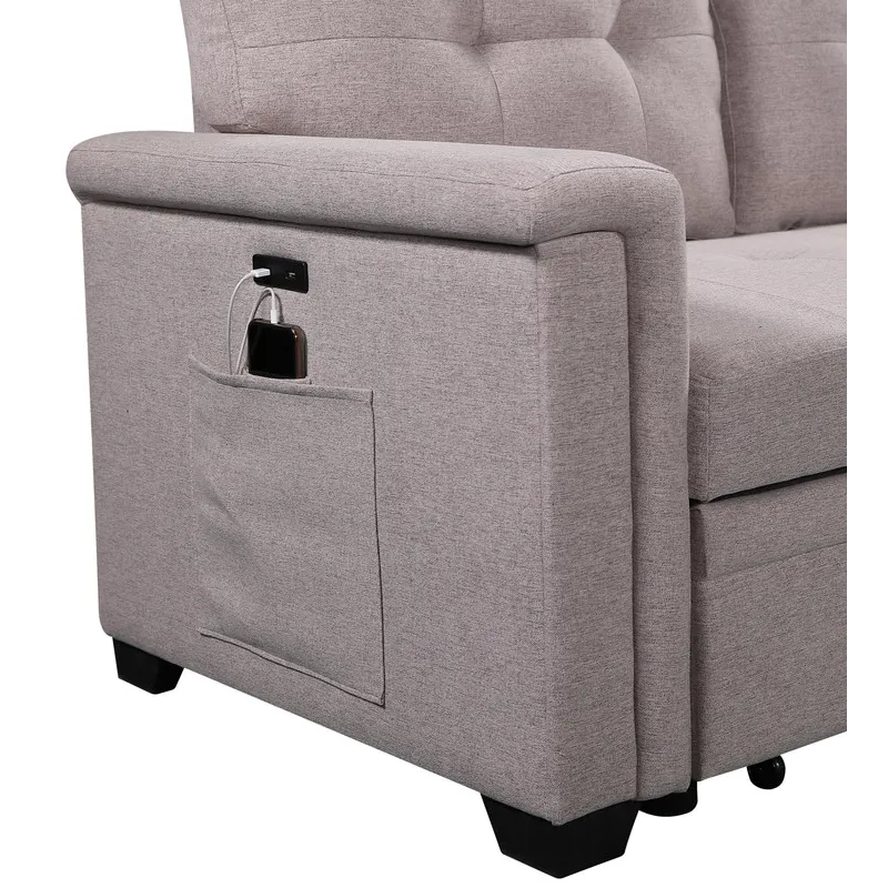 Nathan - Reversible Sleeper Sectional Sofa With Storage Chaise, USB Charging Ports And Pocket - Ligh