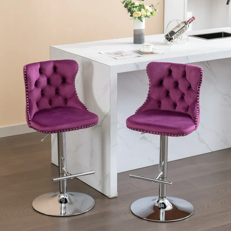 Swivel Velvet Barstools, Adjusatble Seat Height 1712PP (Set of 2) - Purple