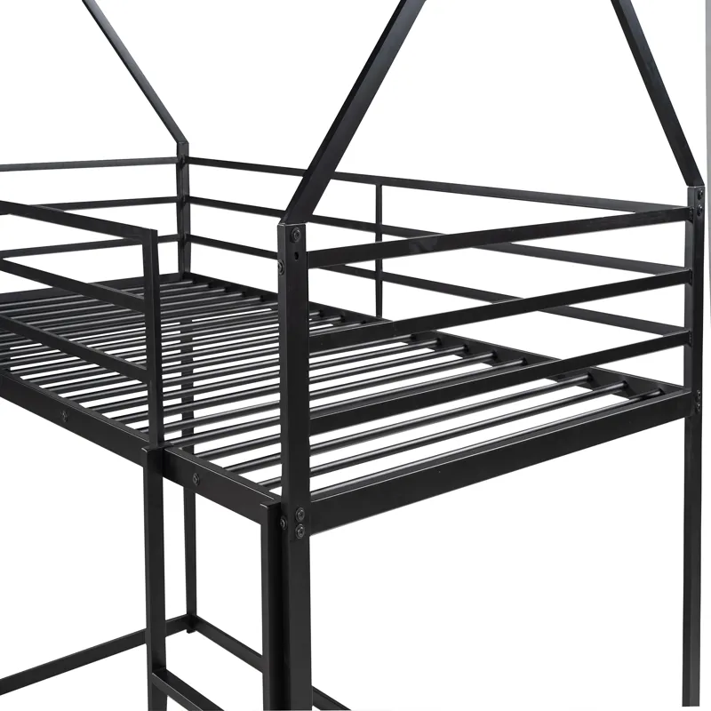 Twin Over Twin House Bunk Bed With Ladder And Slide - Black