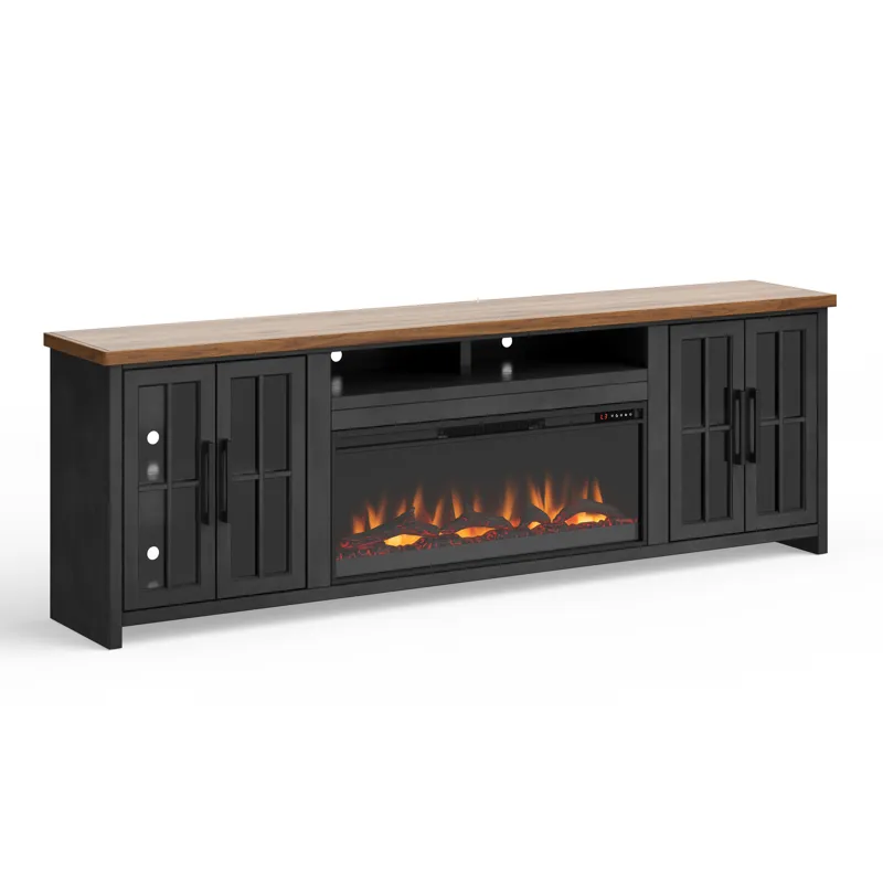 Bridgevine Home - Essex 97\" Fireplace TV Stand Console - Black and Whiskey Finish