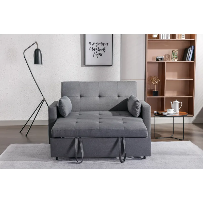 2 Seaters Slepper Sofa Bed Linen Fabric 3-In-1 Convertible Sleeper Loveseat With Side Pocket - Dark 