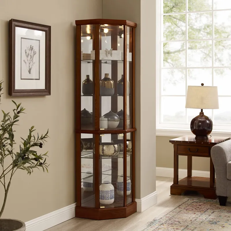 6 Shelf Lighted Corner Curio Cabinet With Adjustable Tempered Glass Shelves And Mirror Back (E26 Light Bulb Not Included) - Walnut