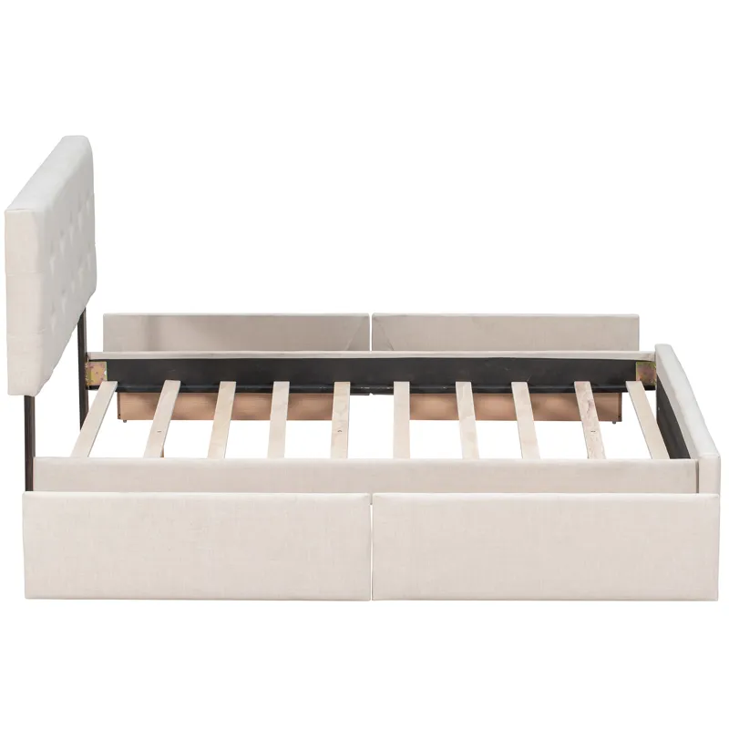 Queen Size Upholstered Platform Bed With Classic Headboard And 4 Drawers, No Box Spring Needed - Bei