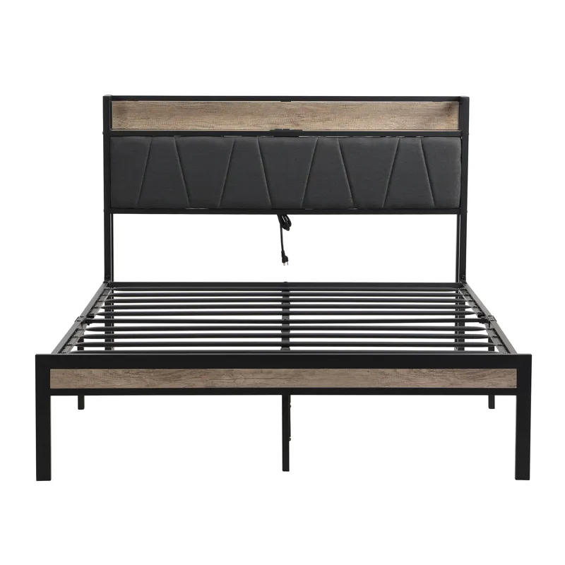 Queen Size Metal Platform Bed Frame With Upholsteryolstery Storage Function Headboard And USB Liner 