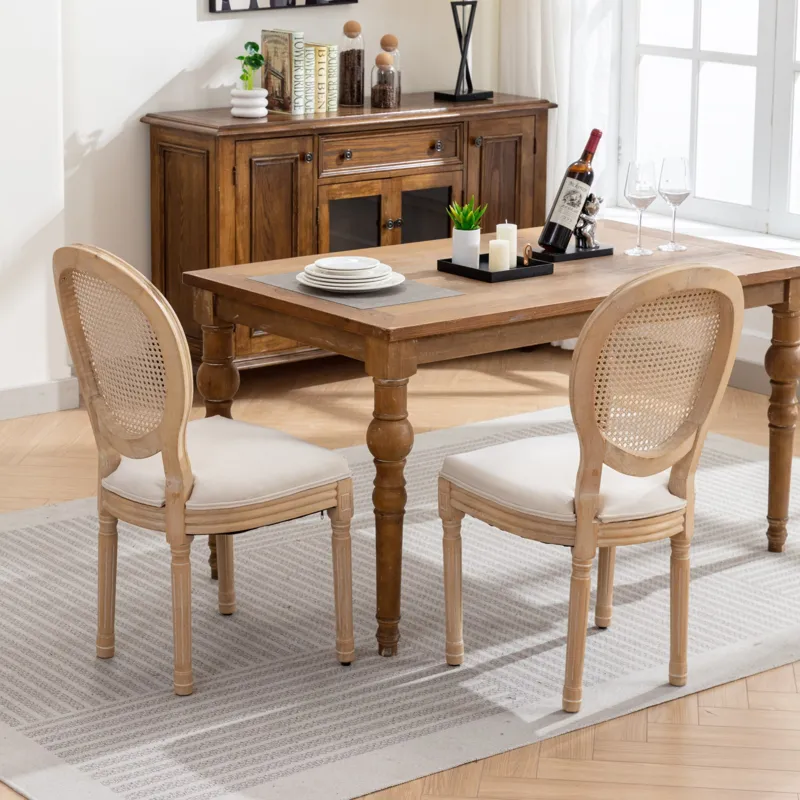 French Style Solid Wood Frame Antique Painting Linen Fabric Rattan Back Dining Chair (Set of 2) - Cr