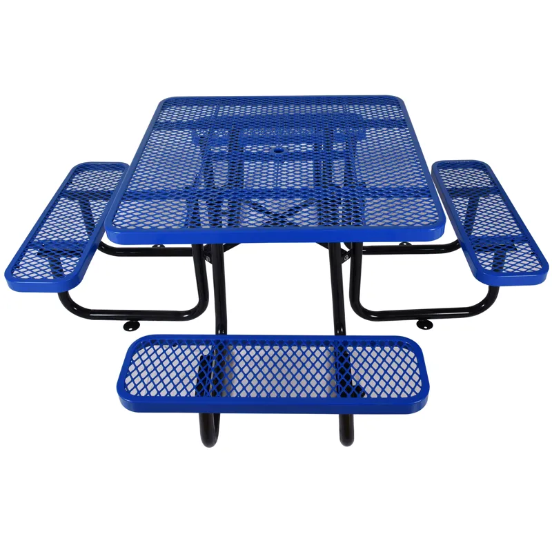 Square Outdoor Steel Picnic Table With Umbrella Pole - Blue