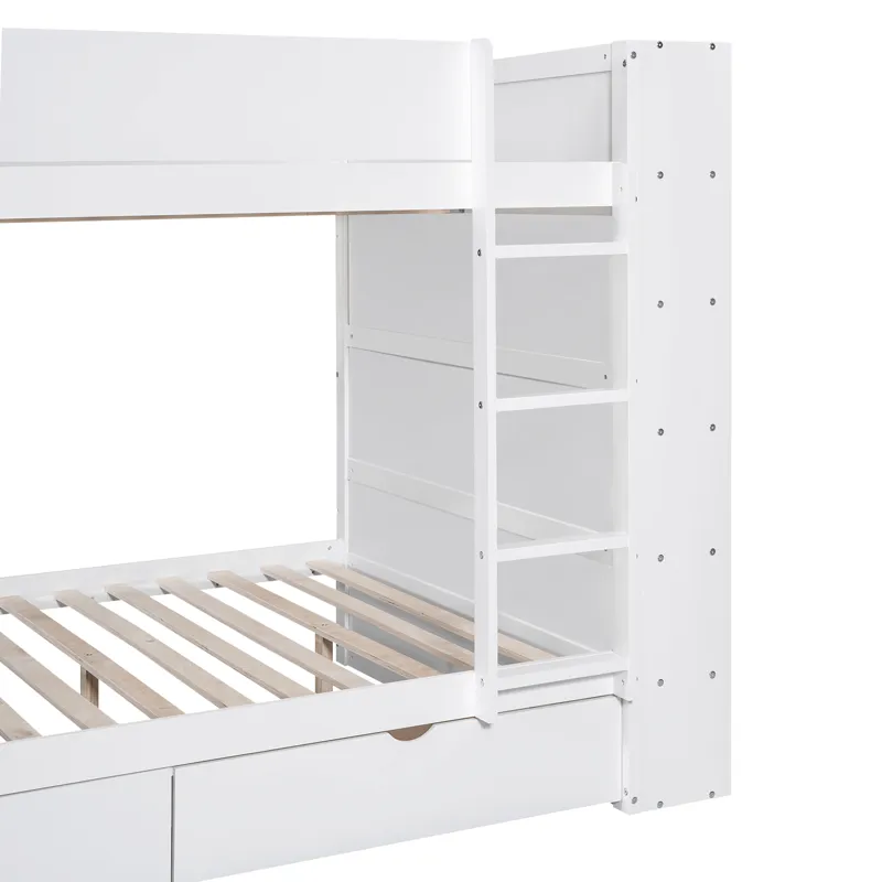 Full Over Full Bunk Bed With 2 Drawers And Multi - Layer Cabinet - White